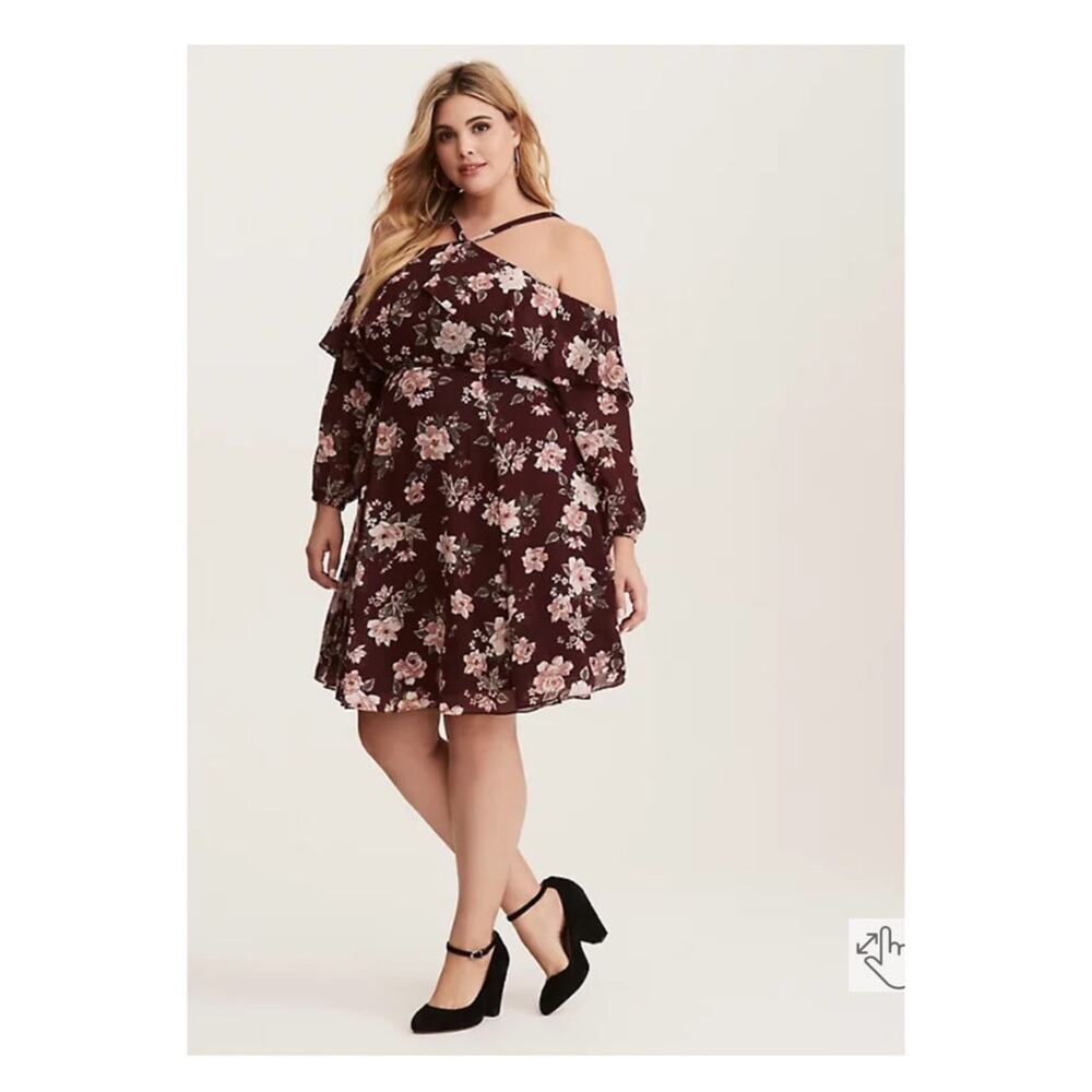 Torrid Purple Floral Off The Shoulder Chiffon Ruffled Skater Midi Dress Sz.14